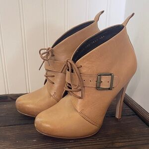 Andrea Tan Leather Heeled Ankle Boots with Lace and Buckle